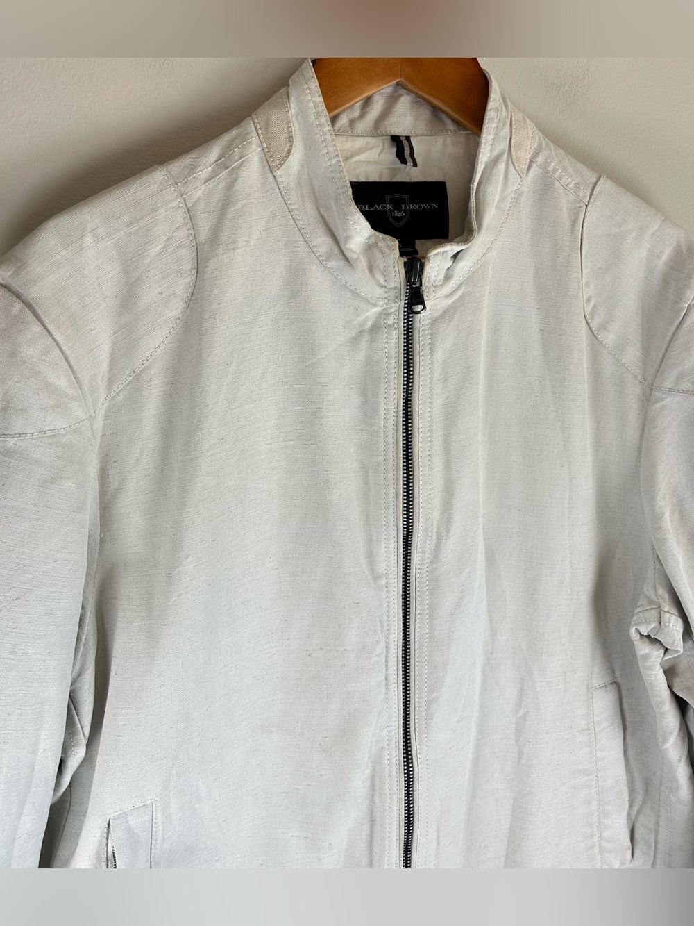 Black Brown 1826 Men's Bomber Jacket Size L Linen Blend Biker Elbow Patches - Picture 3 of 13